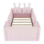 Lit plateforme double Whisen, cadre de lit rembourré pour enfants avec coussin lapin, barrières latérales amovibles