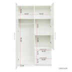 Armoire de rangement en bois blanc avec portes, tiroirs et tringle à vêtements