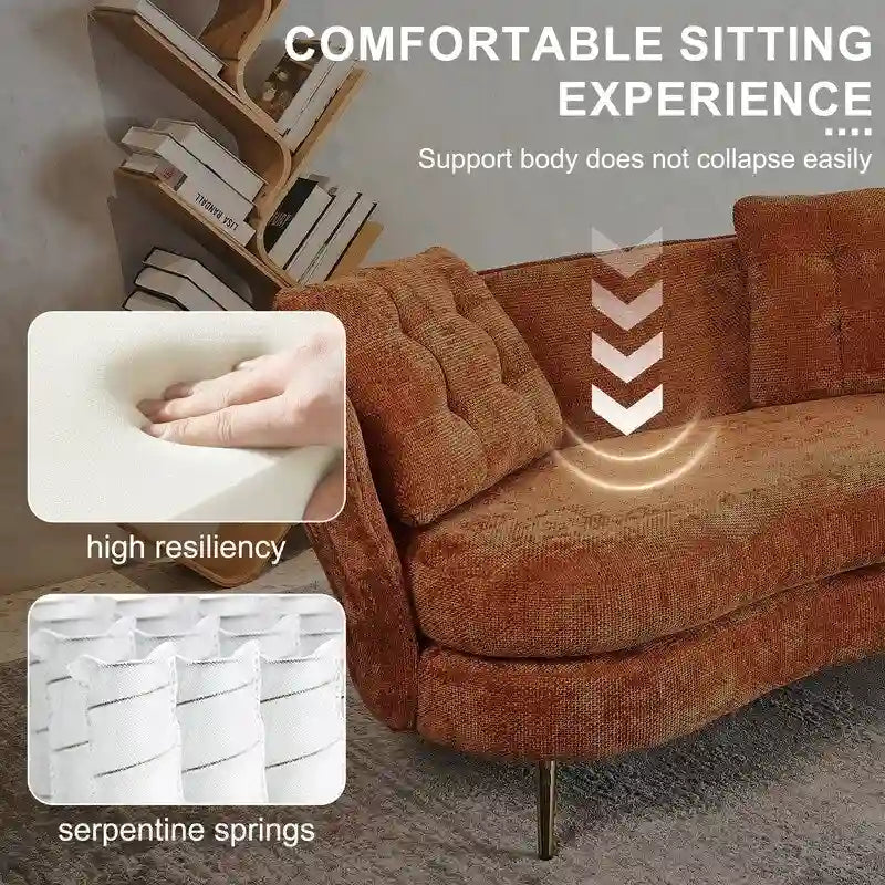 Canapé rembourré deux places avec pieds en métal doré, pour salon, coin lecture, chambre, appartement ou petit espace étudiant