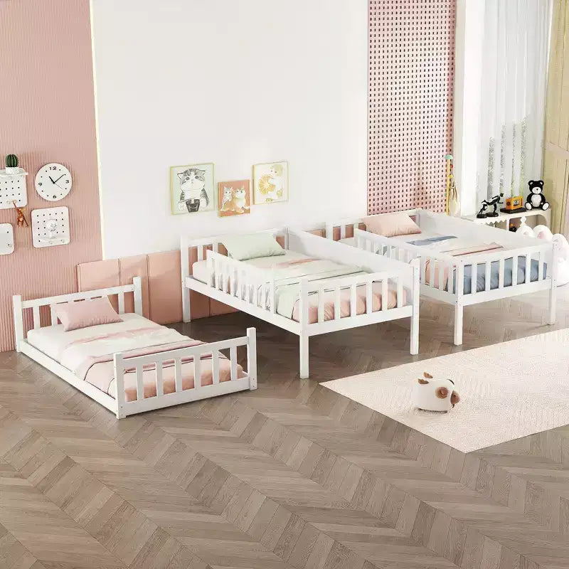 Lit superposé triple pour enfants, lit superposé trois places détachable avec échelle et barrière de sécurité, se sépare en 3 lits