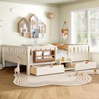 Lit pour tout-petits Bellemave Queen Size avec 14 barrières de sécurité, cadre de lit peu encombrant avec étagères intégrées et 2 tiroirs de rangement sous le lit