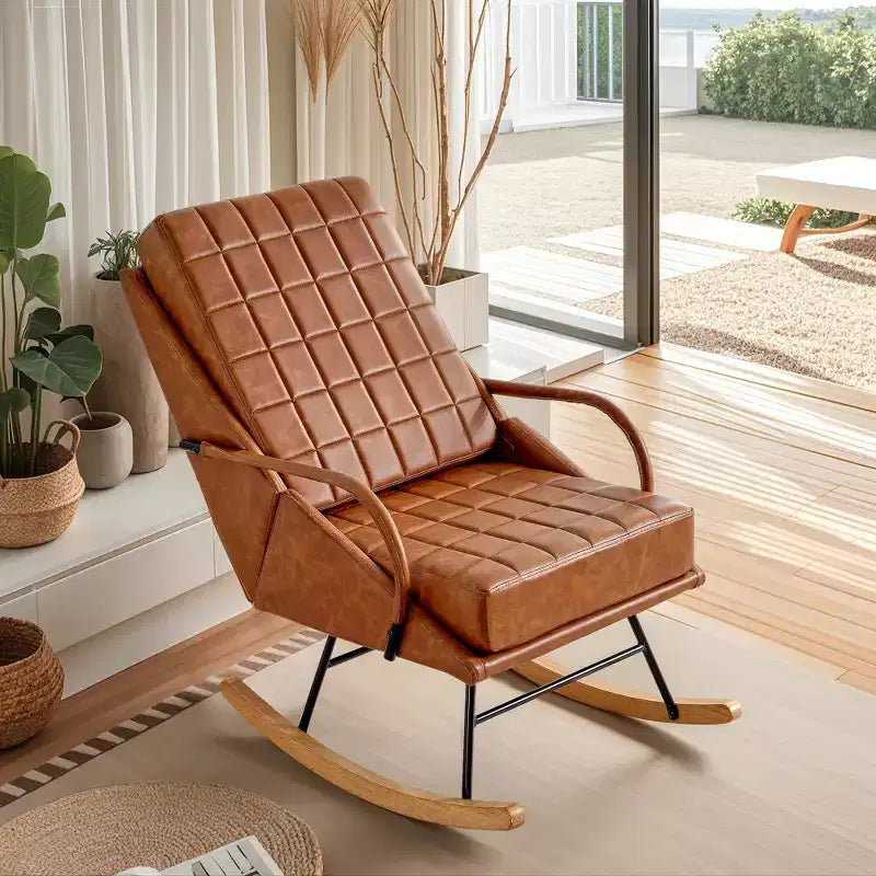 VECELO Fauteuil à bascule en similicuir/tissu Teddy, fauteuil inclinable de salon moderne avec assise rembourrée, base en bois massif sécurisée Blanc/Marron