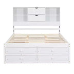Lit plateforme Queen/King en pin avec tête de lit de rangement et 8 tiroirs