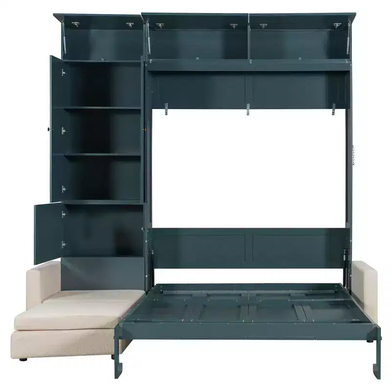 Lit escamotable Queen size avec canapé et armoire, Lit mural Queen en bois avec étagères, Lit escamotable pour chambre d'amis ou bureau