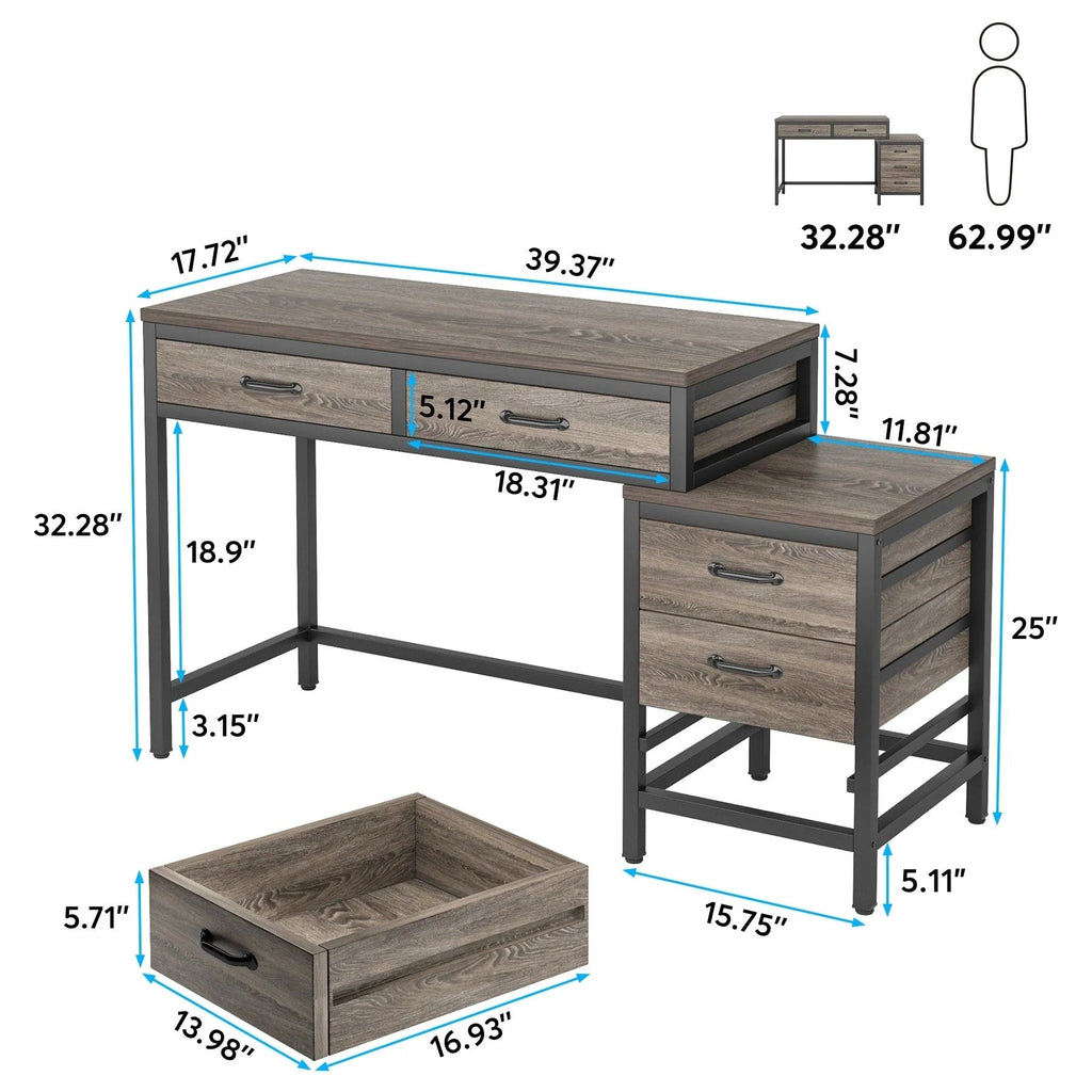 Bureau d'ordinateur réversible avec 5 tiroirs, bureau de travail à domicile avec caisson de rangement pour dossiers et support pour imprimante