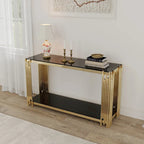 Console étroite à 2 niveaux avec structure en métal doré et plateau en verre trempé