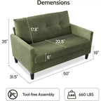 Dyonery 50, canapé Loveseat, 2 places pour bureau et petits espaces, assise profonde de 61 cm, cadre en bois massif certifié FSC, assemblage sans outils