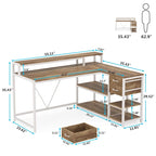 Bureau d'angle en L avec tiroir, bureau d'angle pour la maison avec étagères de rangement et support d'écran, bureau rustique pour petit espace