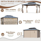 Tonnelle EROMMY à toit rigide, pergola extérieure avec double toit, moustiquaire et rideaux, auvent robuste pour patio, jardin, fête au bord de la piscine