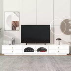 Meuble TV pour téléviseur de 95 pouces, console média extra-longue avec 2 portes et 4 tiroirs, grand meuble de rangement TV avec portes en verre cannelé