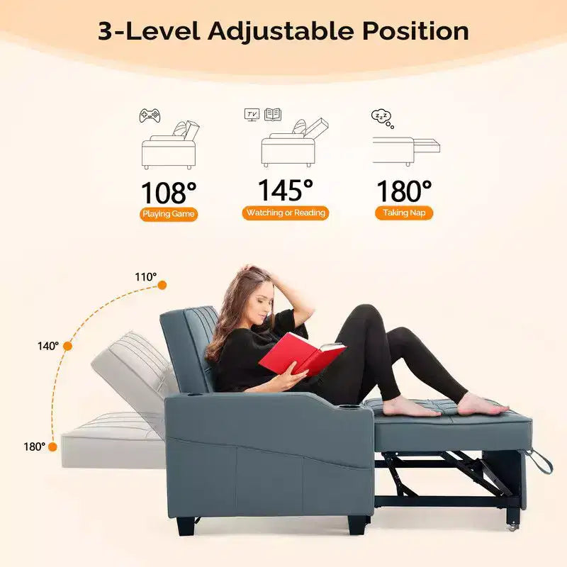 Canapé-lit convertible inclinable en cuir rembourré « Cats Claw » avec coussins pour petits espaces