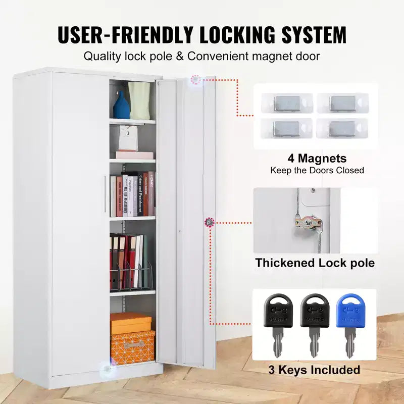 Armoire de rangement en métal VEVOR, armoire de rangement verrouillable en acier avec 2 portes magnétiques et 4 étagères réglables, armoire métallique de 180 cm (71 po), capacité de 90 kg (200 lb), blanc
