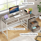Bureau d'ordinateur réversible avec 5 tiroirs, bureau de travail à domicile avec caisson de rangement pour dossiers et support pour imprimante