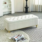 Banc ottoman de rangement Okak de luxe moderne avec plateau rabattable, capitonnage profond, décor doré et pieds en métal, rembourré pour salon et chambre à coucher