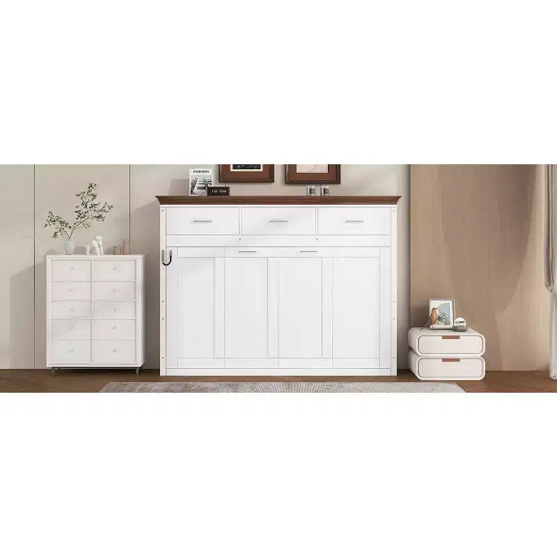 Lit escamotable double avec 3 tiroirs, armoire murale pliable, blanc