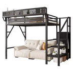 Lit mezzanine jumeau Okak 94IN avec armoire, lit jumeau avec étagères de rangement et panier, cadres de lit pour chambre à coucher, dortoir