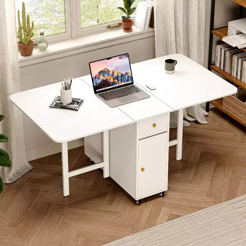 Table de salle à manger pliable ATJafurn 59 avec rabats pour petits espaces, table de cuisine rectangulaire en bois extensible avec roulettes et rangement