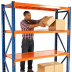 Étagères de garage robustes VIYET, rayonnage métallique réglable à 4 niveaux d'une capacité de 2000 kg, rangement industriel bleu et orange pour magasin/outils/salle de sport.