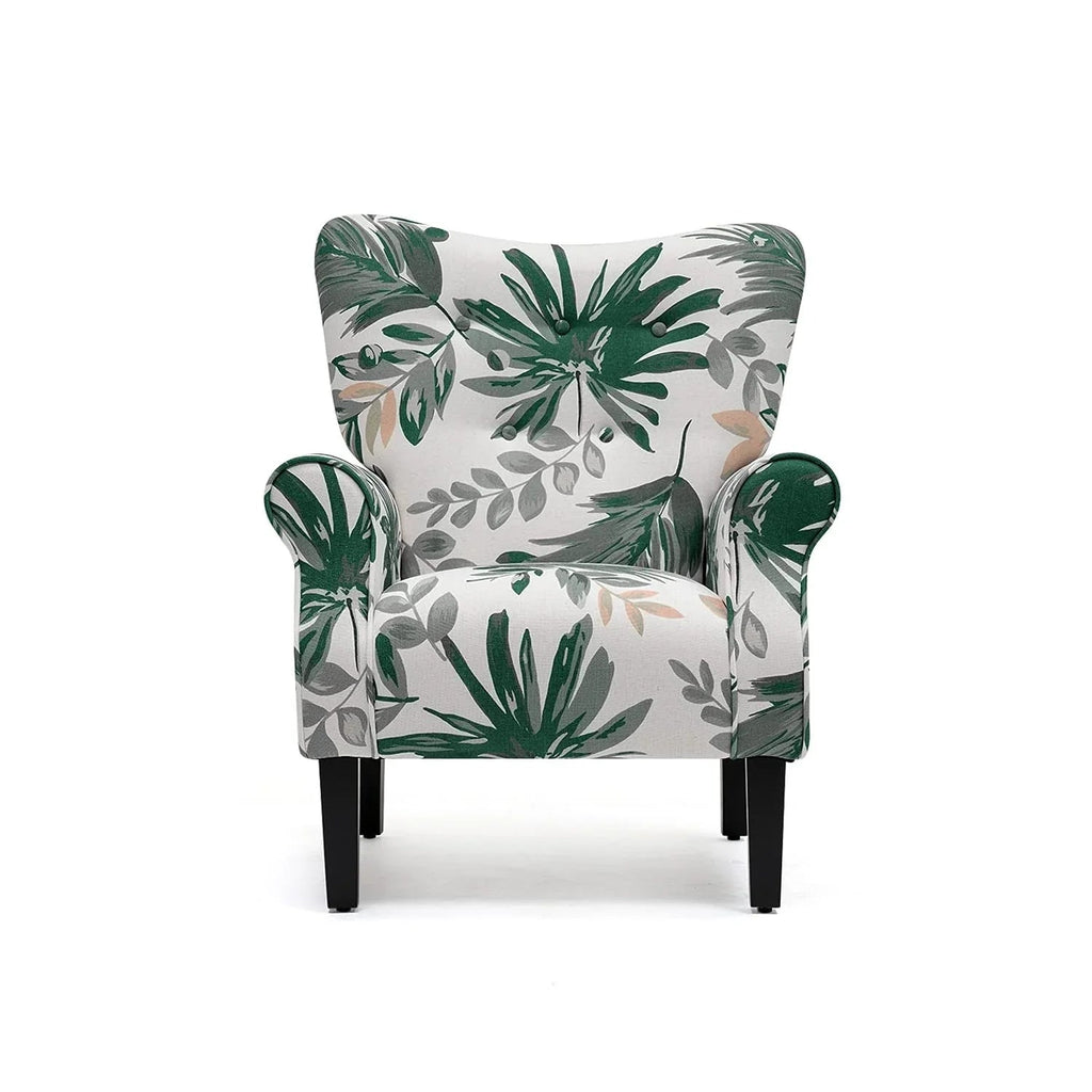 Fauteuil d'appoint moderne Erommy, fauteuil à dossier haut, canapé simple en tissu rembourré avec boutons et pieds en bois pour salon
