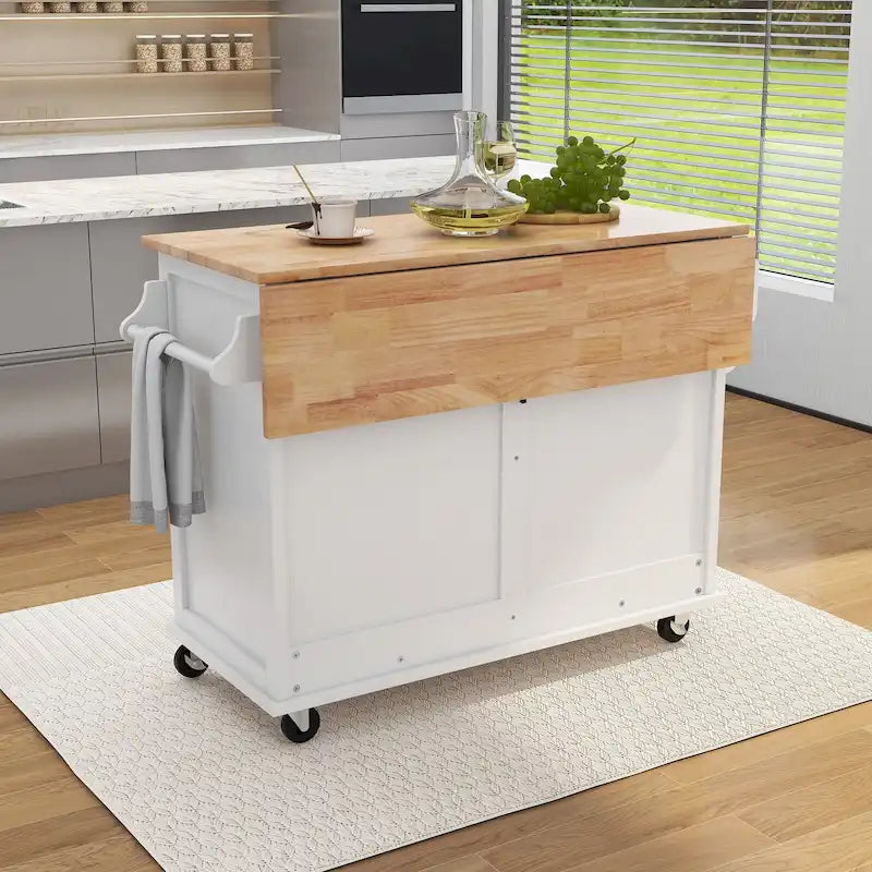 Chariot de cuisine avec plan de travail abattant en bois d'hévéa, porte coulissante dissimulée réglable en hauteur