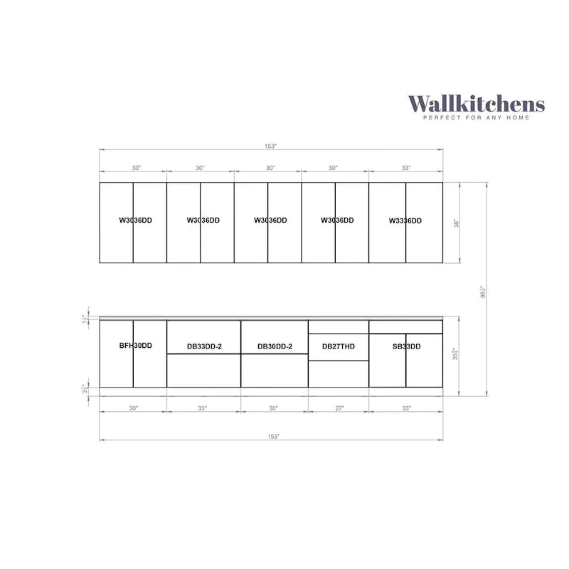 Ensemble d'armoires de cuisine modernes – 3,96 m de large, 153x24, plusieurs coloris