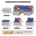 Ensemble de mobilier de patio 5 pièces, canapé d'angle en osier tout temps avec coussins antidérapants, ensemble de canapé d'extérieur en rotin avec pouf.