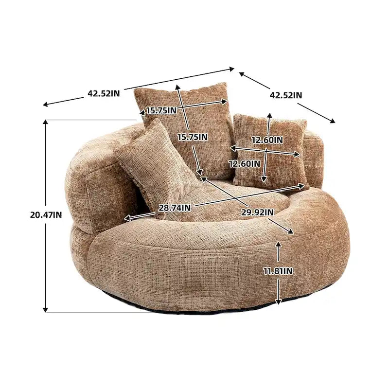 Fauteuil d'appoint rond surdimensionné avec haut dossier enveloppant, revêtement en chenille et 3 coussins