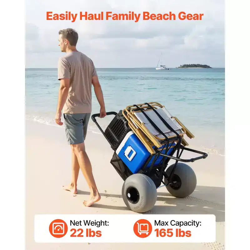 Chariot de plage VEVOR avec grandes roues pour le sable, plateau de chargement de 45,7 x 38,1 cm, chariot de plage pliable avec roues ballon de 30,5 cm, capacité de charge de 75 kg, noir