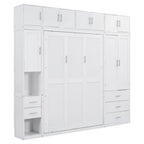 Lit escamotable moderne blanc pleine grandeur avec tiroirs, casiers et armoires