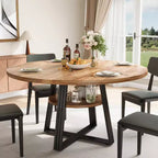 Table de salle à manger ronde pour 4 à 6 personnes, table de cuisine de 120 cm avec étagère de rangement, table à manger en bois avec base en métal pour salon, sans chaises