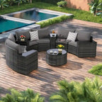 Ensemble de canapé modulaire d'extérieur semi-circulaire 11 pièces avec table basse en verre trempé et 4 tables d'appoint