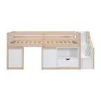 Lit mezzanine jumeau Okak en bois massif avec escalier et rangement, lits superposés jumeaux à profil bas avec tiroirs et étagères, lits mezzanine multifonctionnels pour enfants et adolescents