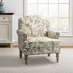 Fauteuil rembourré en bois avec motif floral, accoudoirs à panneaux et dossier en forme de bosse de chameau.