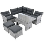 Ensemble de meubles de jardin en rotin avec table réglable, chaises longues et 2 poufs