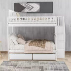 Lit superposé double sur double avec deux tiroirs de rangement et des étagères de rangement pour chambre d'enfants, d'adolescents et d'adultes