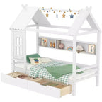 Lit cabane avec tiroirs de rangement et fenêtre, cadre en bois massif avec étagères, design amusant et enfantin, blanc clair