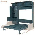 Lit escamotable Queen size avec canapé et armoire, Lit mural Queen en bois avec étagères, Lit escamotable pour chambre d'amis ou bureau