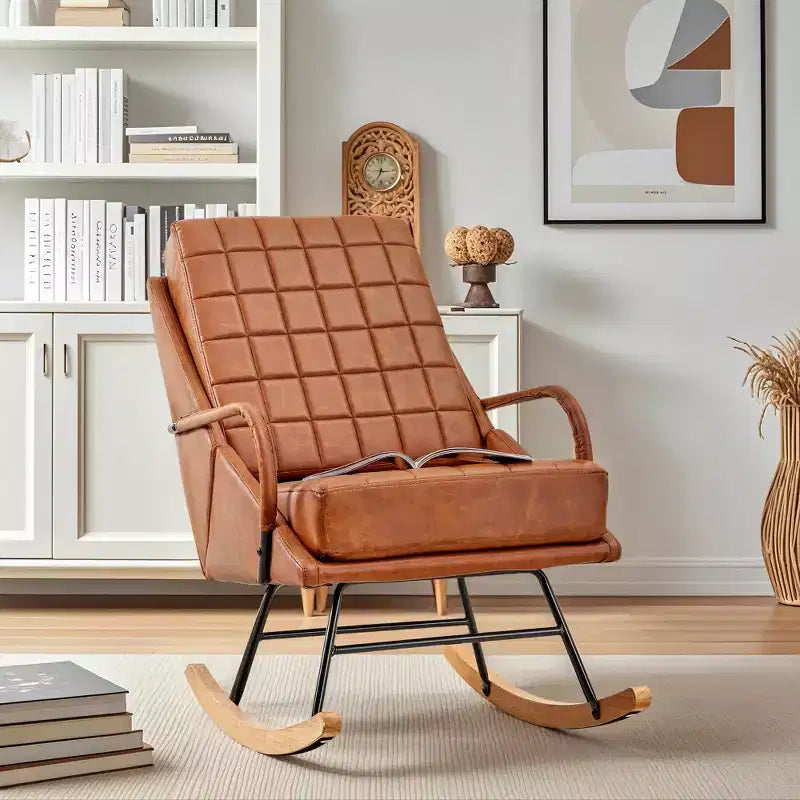 VECELO Fauteuil à bascule en similicuir/tissu Teddy, fauteuil inclinable de salon moderne avec assise rembourrée, base en bois massif sécurisée Blanc/Marron