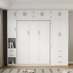 Lit escamotable moderne blanc pleine grandeur avec tiroirs, casiers et armoires