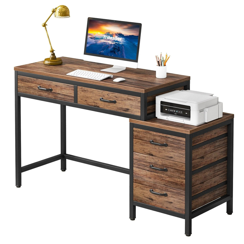 Bureau d'ordinateur réversible avec 5 tiroirs, bureau de travail à domicile avec caisson de rangement pour dossiers et support pour imprimante
