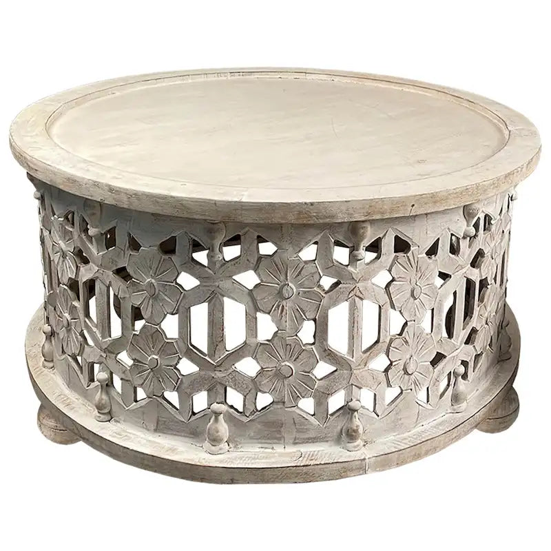Ensemble de 2 tables basses rondes en bois de 30 pouces, motif floral sculpté, blanc antique