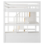 Lit mezzanine en bois massif naturel et blanc avec bureau et tiroirs
