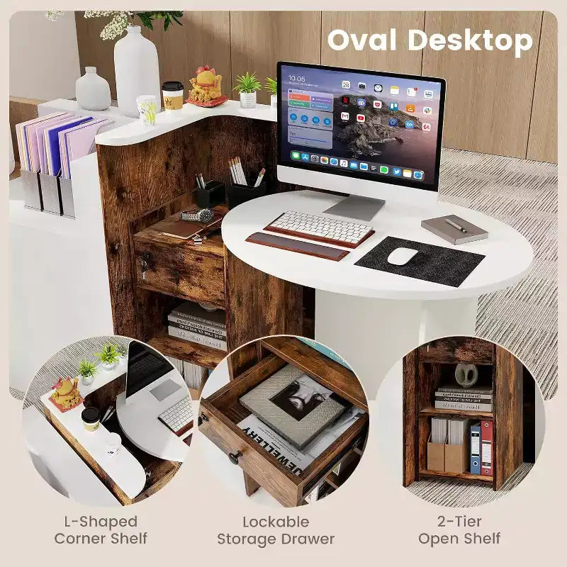 Costway Comptoir de Réception Bureau de Caisse avec Étagère Ouverte et Tiroir Verrouillable Blanc/Marron/Noir
