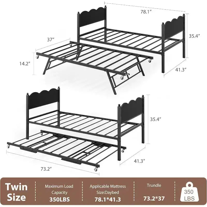 Lit de repos jumeau avec lit gigogne, cadre en métal avec tête de lit en grain de bois ondulé, roulettes verrouillables, canapé-lit peu encombrant, aucun sommier tapissier requis