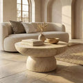 Table basse piédestal ronde en Fiberstone, table d'appoint sculptée pour l'intérieur et l'extérieur avec patins antidérapants