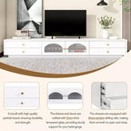Meuble TV pour téléviseur de 95 pouces, console média extra-longue avec 2 portes et 4 tiroirs, grand meuble de rangement TV avec portes en verre cannelé
