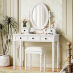 Coiffeuse vintage en bois Okak avec miroir inclinable, coiffeuse avec 5 tiroirs et tabouret rembourré, coiffeuse pour chambre à coucher