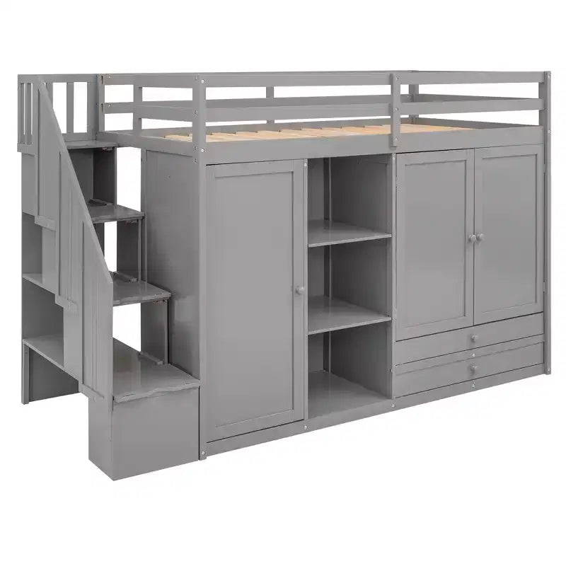 Lit mezzanine fonctionnel 93.3 avec armoires, étagères, tiroirs et échelle de rangement