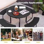 Costway Table de pique-nique ronde d'extérieur 8 places avec 4 bancs et trou pour parasol Noir/Gris/Vert/Blanc