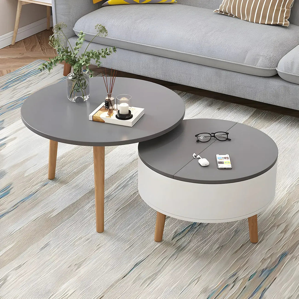 Table basse ronde moderne en bois noir et blanc avec rangement